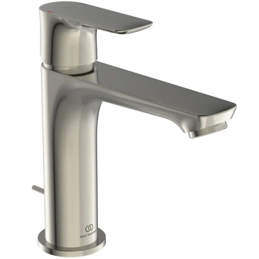 Ein Edelstahl-Wasserhahn von Ideal Standard mit flacher Griffoberfläche und Auslauföffnung, geeignet für die Montage in Badezimmern.